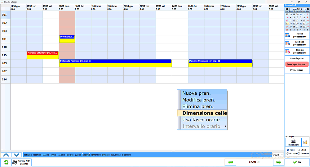 Il Planner delle prenotazioni e checks è completamente configurabile e con a bordo diversi strumenti per la navigazione delle barre. Ha funzioni di zoom, di dimensionamento della griglia, che può rappresentare anche le ore, e di ricerca di un singolo check in modi diversi. Si possono inserire le prenotazioni o i checks con l'usilio del trascinamento del mouse.