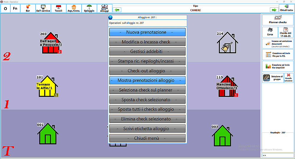 Tableau delle camere suddiviso per tipologia di alloggio, con un menù contestuale attivabile direttamente con un click sull'icona. Sul lato destro abbiamo dei tasti funzionali per le operazioni di gruppo come la visione a barre degli eventi su Planner, l'emissione dei documenti fiscali che può avvenire anche su più checks e alloggi differenti ed appartenenti per es. ad un'unica agenzia o azienda. Poi abbiamo i due tasti importanti relativi alla creazione del file per la pubblica sicurezza e quello per l'istat C59, con consenguente invio tramite i mezzi opportuni.