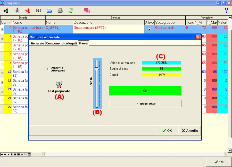 maschera di test del corretto funzionamento del componente attivabile tramite il software per le fontane danzanti musicali
