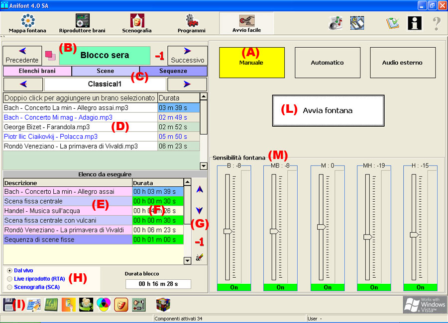 Il blocco è un insieme di oggetti quali brani, scene o sequenze impilati in un elenco e fatti eseguire in un ordine e durata stabiliti sul momento per creare scenografie acquatiche per il software per le fontane danzanti musicali