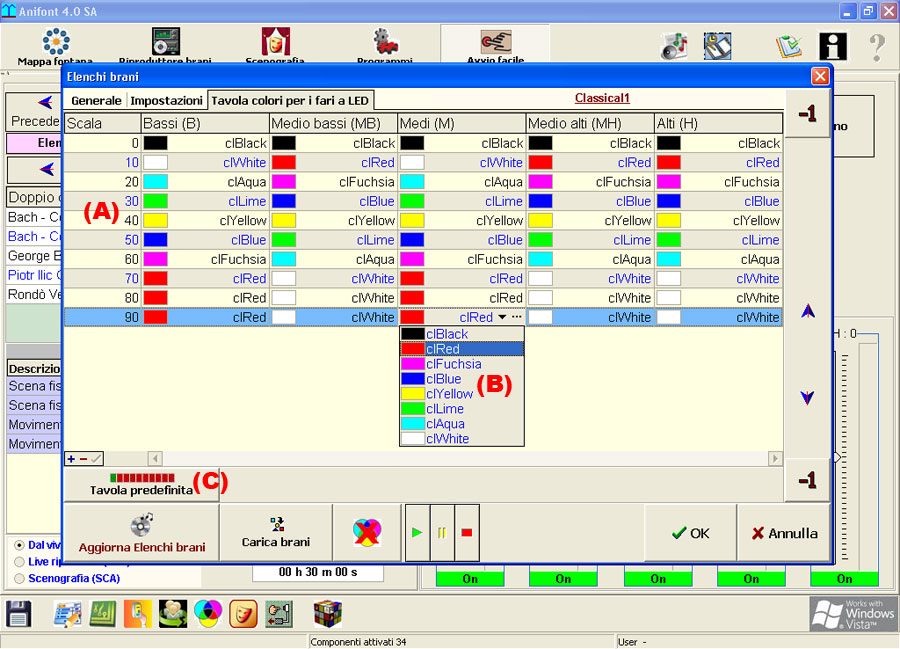 impostazione della palette dei colori a led impostabili sulla play list per il software per le fontane danzanti musicali