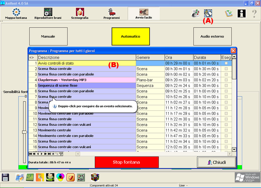 La scaletta eventi da eseguire può essere usata sia durante l'esecuzione dei programmi che durante l'esecuzione di blocchi per usare la programmazione delle scenografie acquatiche sul software per le fontane danzanti musicali