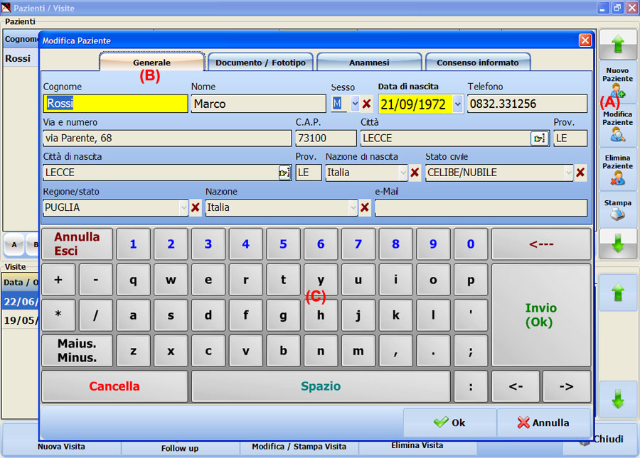 La scheda generale del paziente ha semplicemente tutte le informazioni anagrafiche del paziente che è possibile inserire anche tramite una tastiera virtuale. La dermoscopia è la tecnica di elezione per lo studio del distretto cutaneo e delle sue alterazioni.